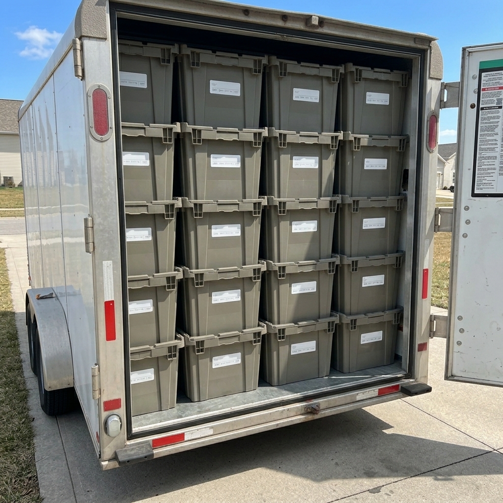 SkipBoxes reusable moving bins stacked neatly inside a moving truck